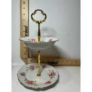 Vintage Bavaria Shelley 2 Tier Porcelain Serving Tray Floral Gold Stand